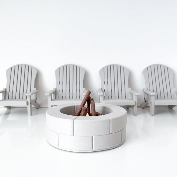 4 Beige Miniature Adirondack Chairs & Round Firepit W/Flickering Logs 1:6 Scale - Picture 5 of 7